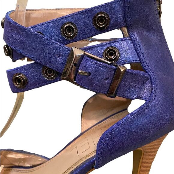 Rachel Roy Size 6 Paz Metallic Blue Leather Strappy Heels Retro Disco Rave - Picture 4 of 11